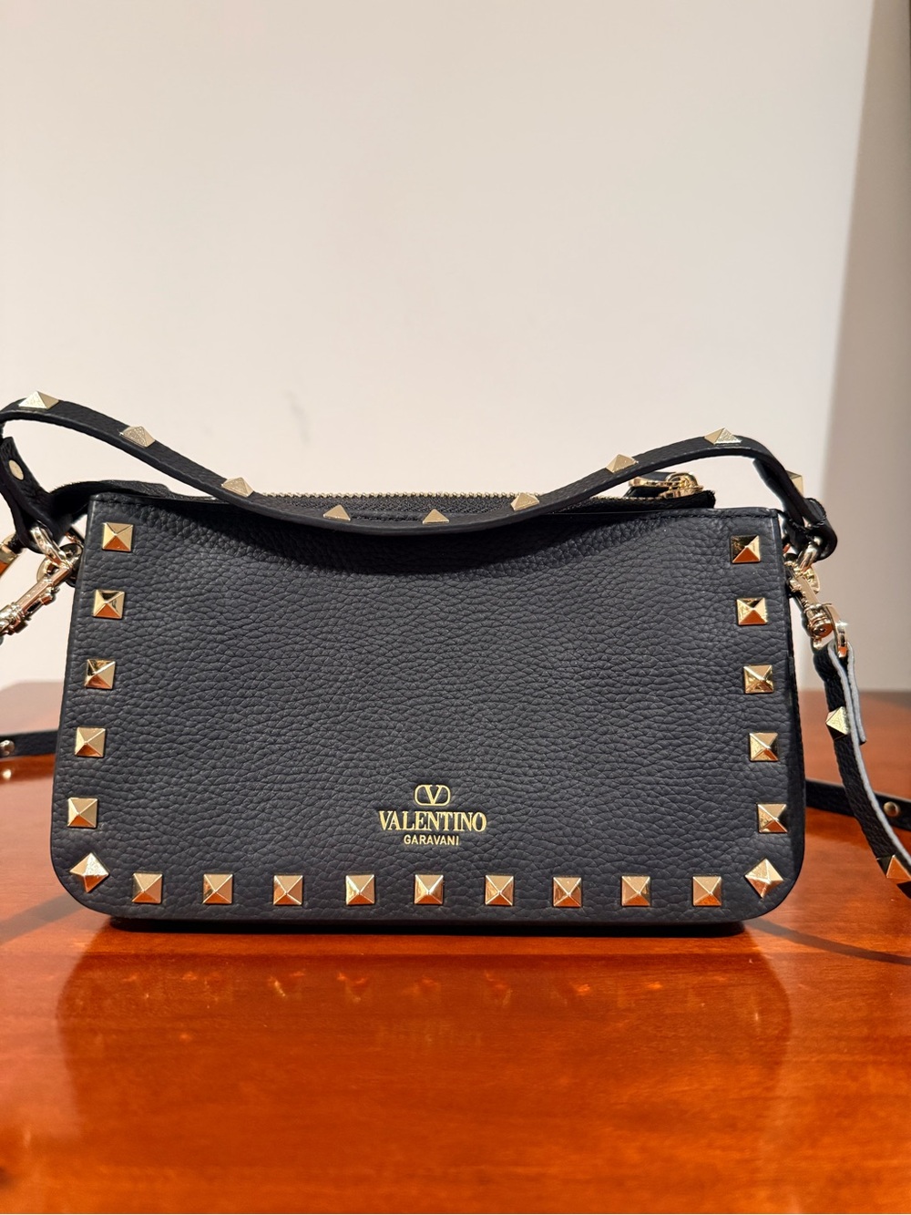 Valentino Garavani Black Leather Rockstud Crossbody with Gold Hardware